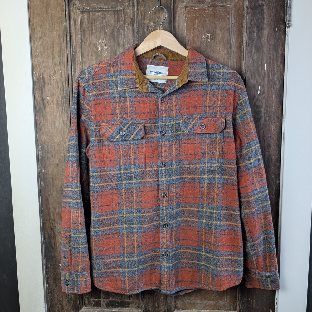 WindRiver Red Grey Plaid Flannel Shirt Corduroy Collar Button Up Work Shirt | XL